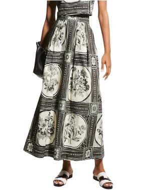 Lela Rose Medallion Floral Print Black and White Cotton Pleated Midi Skirt 12